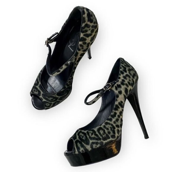 YSL Yves Saint Laurent Tribute Too 105 Mary Jane Peep Toe Pumps, Pony Leopard - Picture 15 of 16